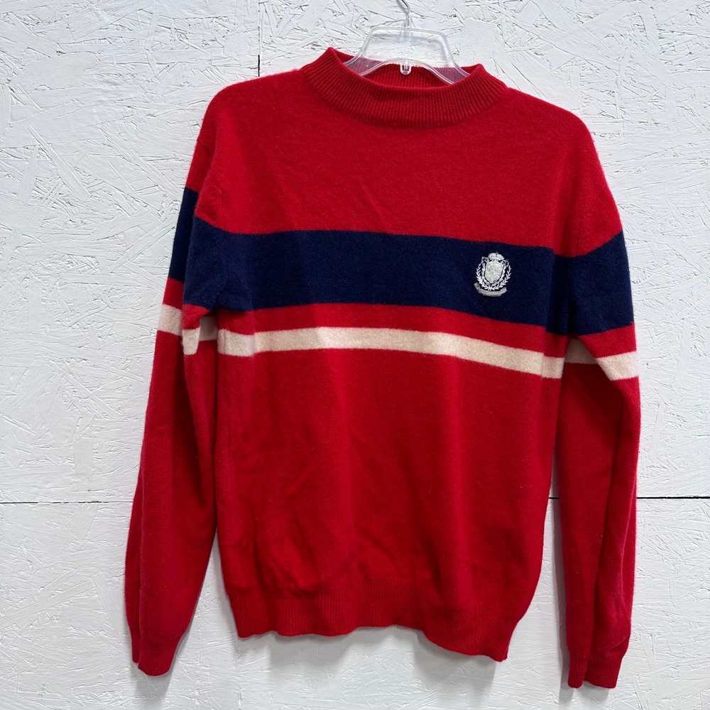 Ivanhoe XL Vintage Crew Neck Sweater Red Blue White Lambswool Stripe Ski Winter